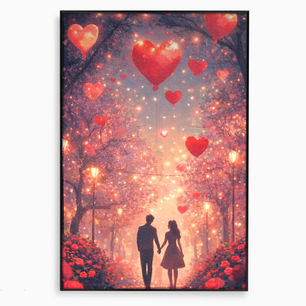 Tablou canvas cu ilustratie cu un cuplu pe alee, in rama de aluminiu negru